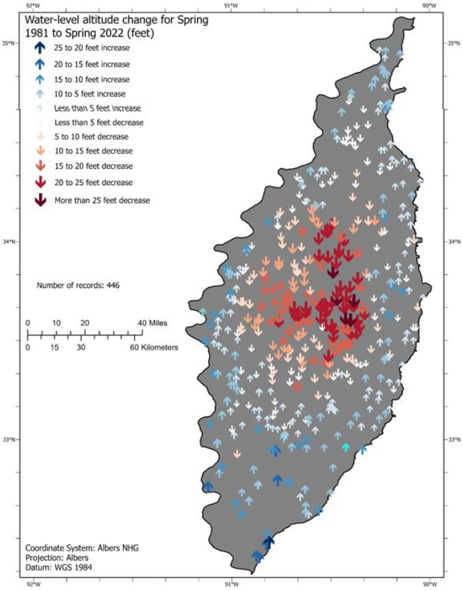 changes in water level at measured wells from
spring 1981 to spring 2022 across the Delta