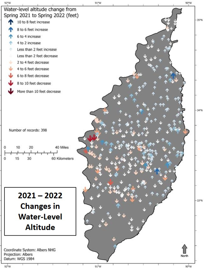 changes in water level at measured wells from
spring 2021 to spring 2022 across the Delta